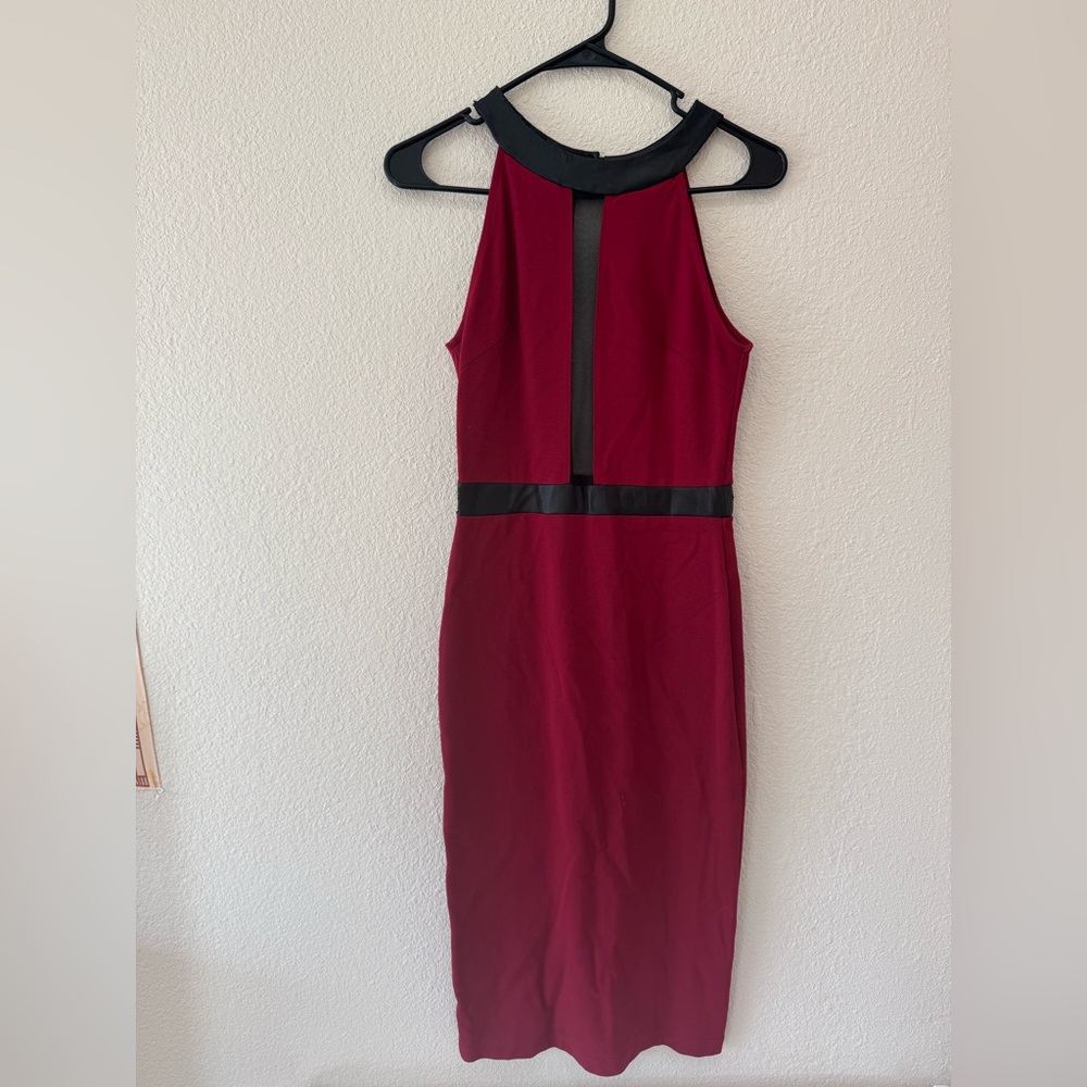 Chic red Halter Midi Dress with Black Trim